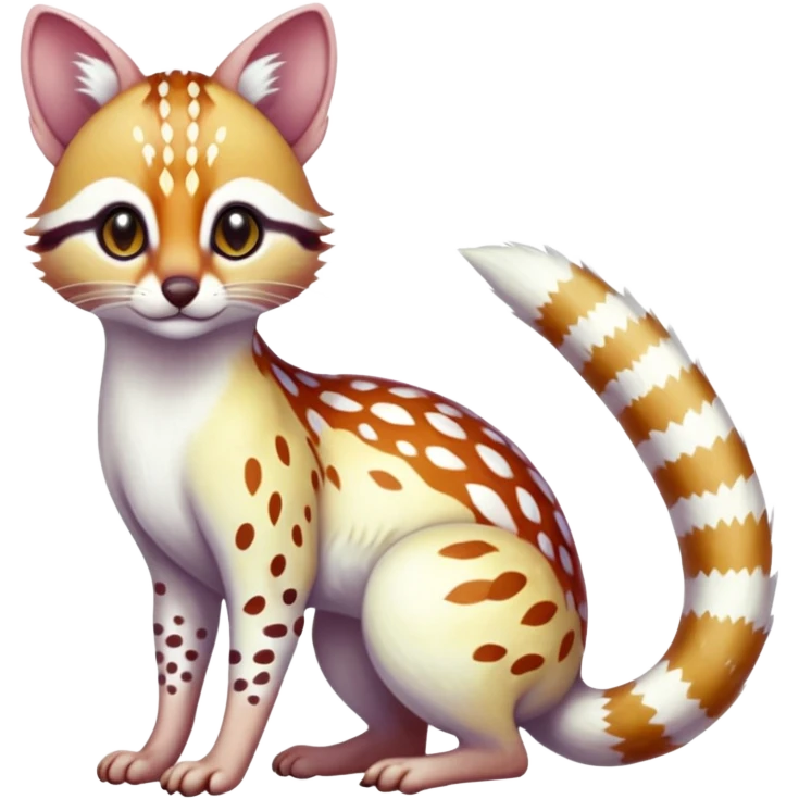 Iridescent white albino colorful fruity blingy crystalline Genet-Numbat-Ocelot-Tanuki-Cheetah-Ocicat-Caracal-hybrid-fusion, full body emoji