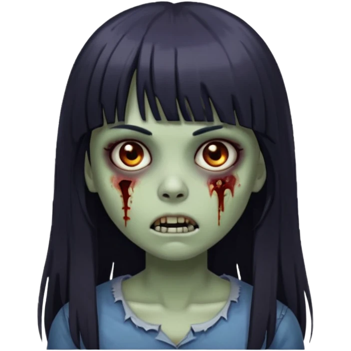 Emoji de guria zombie com cabelo longo, escuro e liso com franja, olhos escuros e boca pequena. emoji