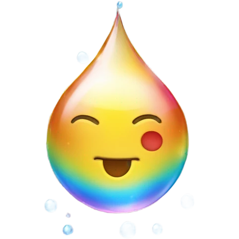 Crystal Droplet: A single, perfectly round droplet of water, sparkling as it refracts sunlight, with tiny rainbow reflections around its edges and a faint ripple effect below it. emoji