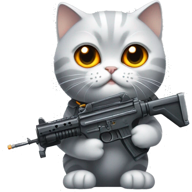 A British Shorthair cat with orange eyes holding a machine gun in its paw. emoji