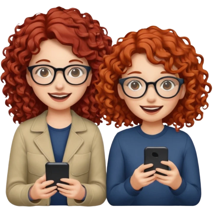 two girls. both white, one with curly red hair and glasses. one with curly brown hair. both giggling while doing a podcast emoji