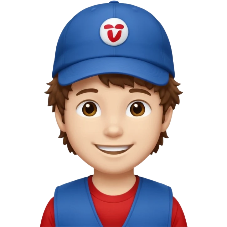 brown fluffy hair kid with blue and white cap dark blue jilet red t shirt emoji