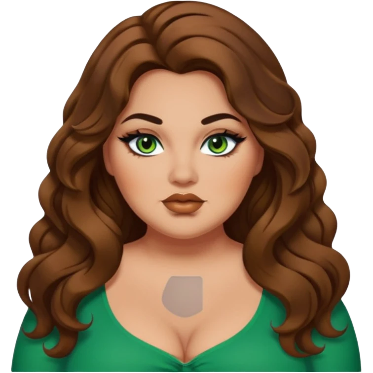 plus size, long brown wavy hair, baddie,pretty, makeup, black eyeliner, long hair, green eyes emoji