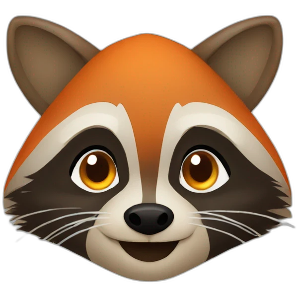 brown raccoon with orange eyes and a dark green hood that is smiling emoji
