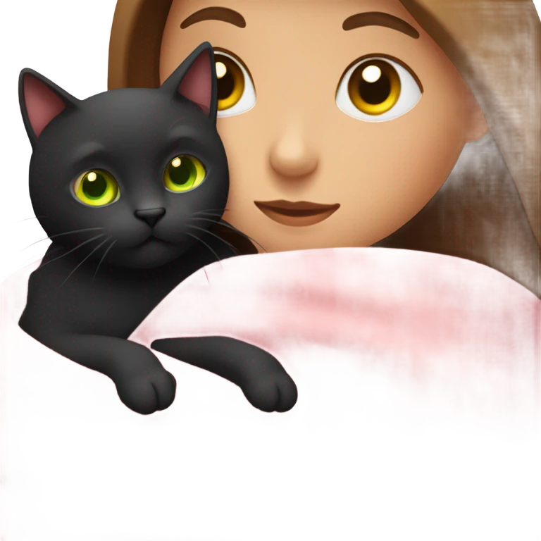 1 long brown haired girl with green eyes in a pink shirt. snuggling a  black cat with yellow eyes in a blanket emoji