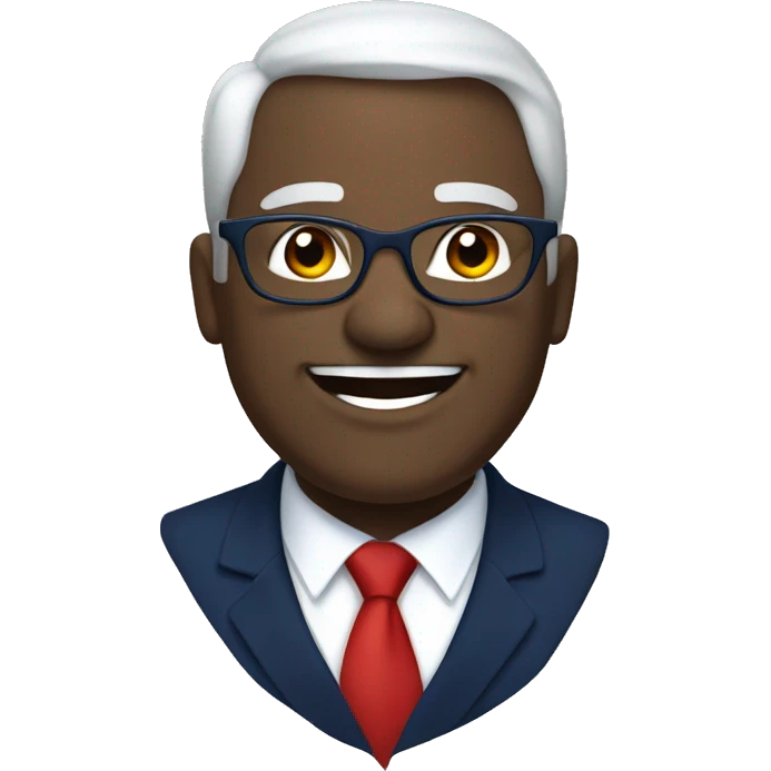 A heavy man, white hair, with glasses, no beard, smiling with teeth, and wearing a navy blue suit and red tie emoji