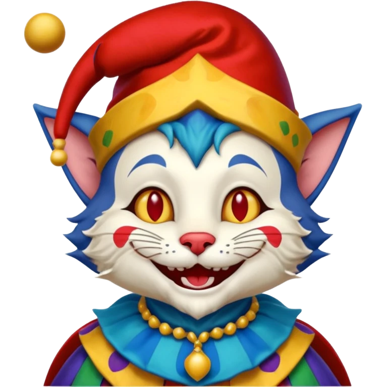 crazy colorful cute little cat jolly joker from poker, medieval, vintage, court jester, mac os icon, blue color emoji