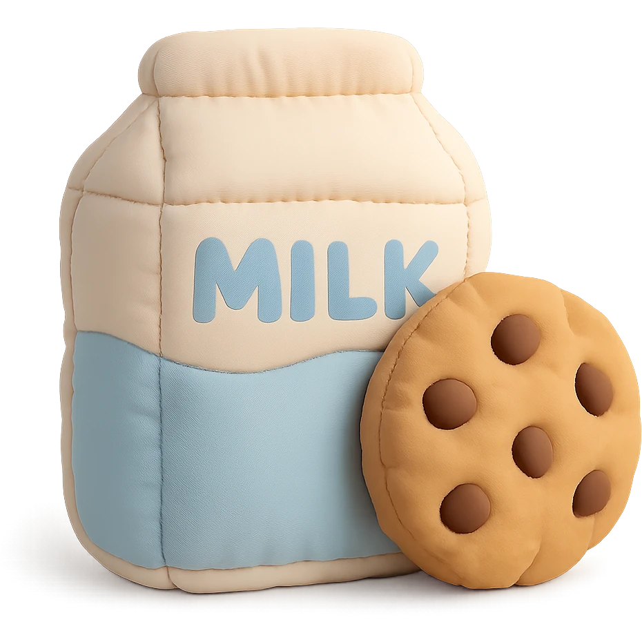 a soft and plush cushion style illustration of a glass of milk and a chocolate chip cookie, pastel colors emoji