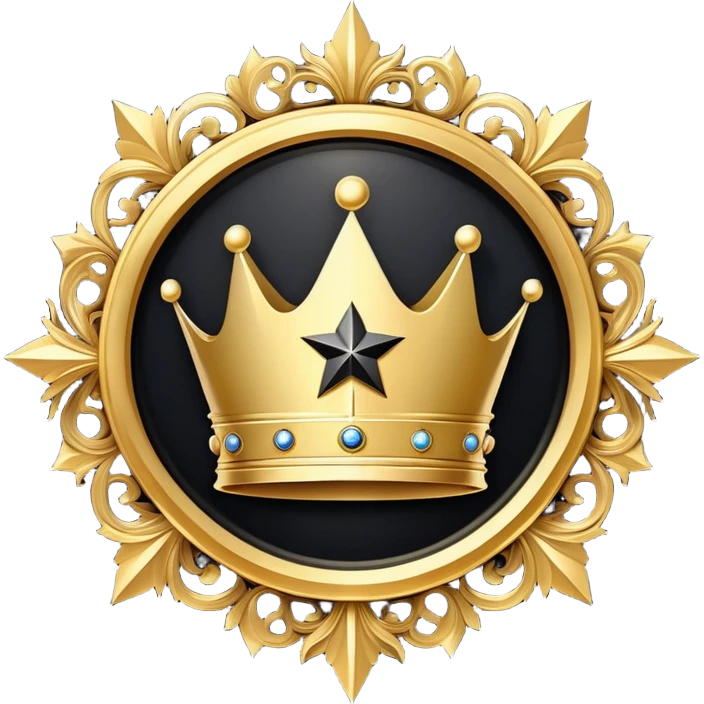 A luxurious golden badge icon in a circular shape, featuring an ornate crown at the top and a glowing star in the center, digital art style, minimal black background, high detail, gold and black color scheme, 3D rendered, designed for use as a Discord emoji, elegant and powerful design emoji