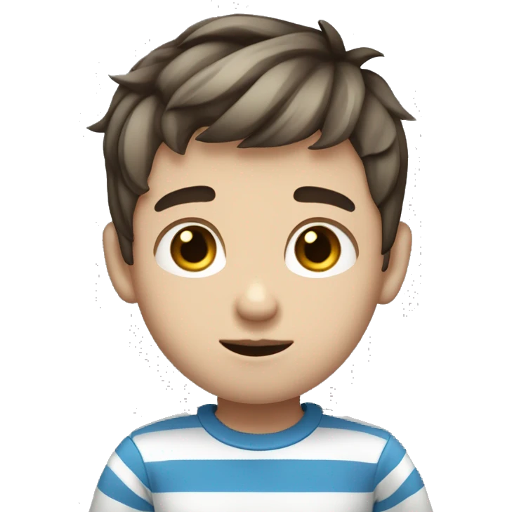 boy with blue eyes with short hair he shows a rock gesture with his hand he has a striped shirt on him plump lips neat nose skin color dark fair hair a bit short emoji