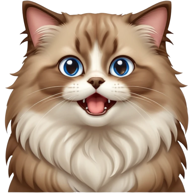 cinematic-adorable-big-eyed-fluffy-brown ragdoll-cat-portrait-emoji,-head-tilted-playfully-with-a-cute,-yawn,-soft-brown-and white-colored-fur-with-darker-points-on-the-ears,-simplified-yet-irresistibly-cute-features, sparkling blue eyes emoji
