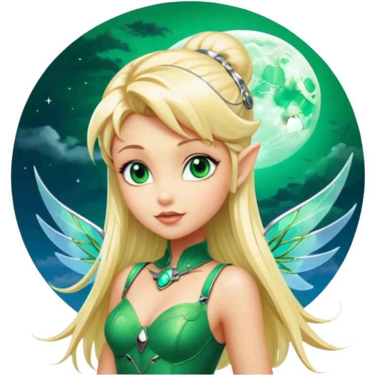 Isolated, 3D rendering, Tinkerbell with futuristic cyberpunk style and colors, ultra detailed wings, flying above the fluffy clouds near the moon, blonde long shiny hair,  emerald green eyes, still life, vivid colors emoji