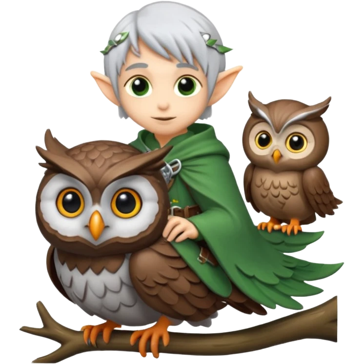 tiny forest elf with silver hair riding owl emoji