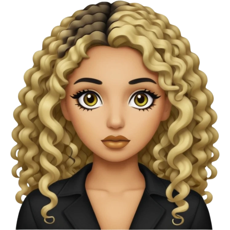 normal size, olive skin, curly long hair, baddie,pretty, makeup, black eyeliner, long hair blonde emoji