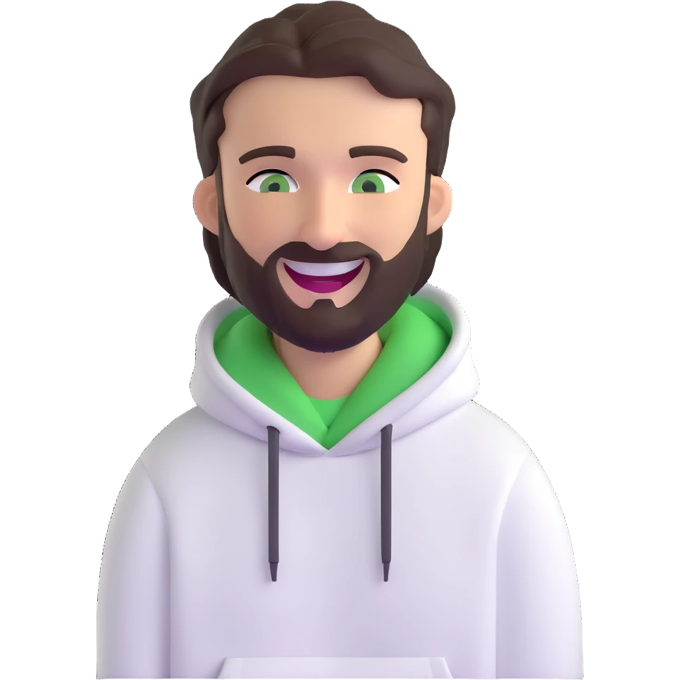 laughing guy with white hoodie, green eyes, dark brown hair and a short full beard emoji