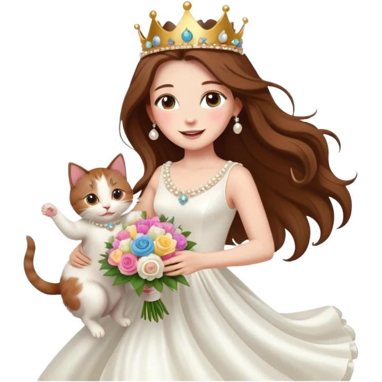 White woman - long hair - white wedding dress - holding a kitten - happy - jumping - stylish - elegant - bouquet - dreamy - colorful - wearing a crown - pearl accessories emoji