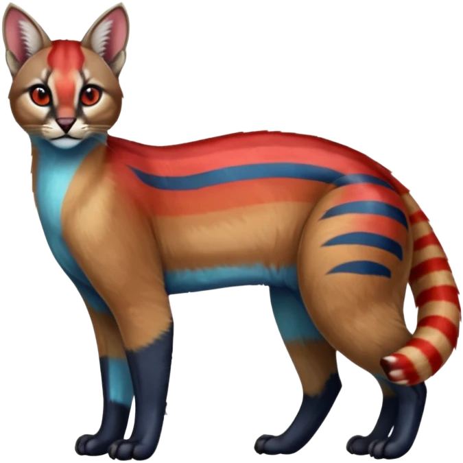Colorful exotic shiny striped blue with red markings tropical glorious iridescent divine exotic cute cool beautiful realistic caracal-civet-genet-sergal-vernid-Cacomistle-Trico-oncilla-animal-Fakémon-hybrid-fursona (full body) emoji