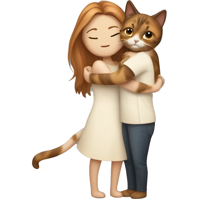 small calico cat hugging long brown hair white woman emoji