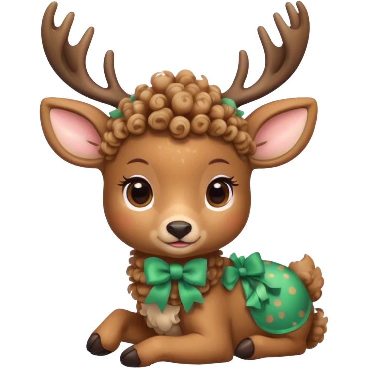 cute deer with curly fur, sitting down, wearing a bow on its head. emoji