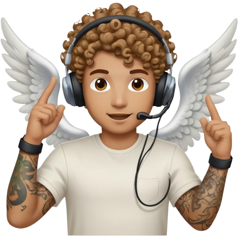 Man with a tattoo and a gaming headset. An angel with curly hair is above him cheering emoji