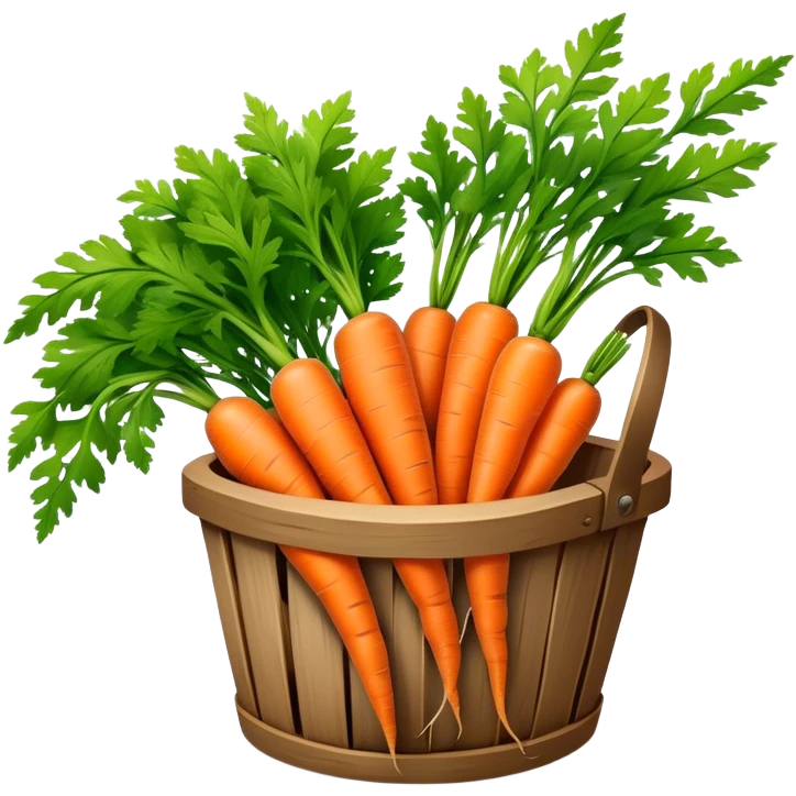 Cinematic vibrant orange carrot, crisp and fresh, slightly twisted with green leafy tops, arranged in a rustic wooden basket, natural and inviting. emoji