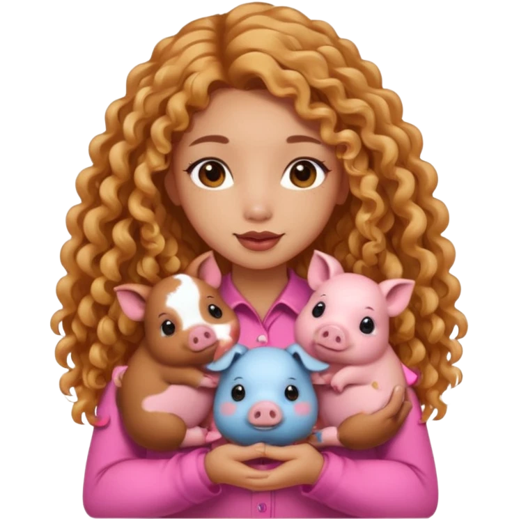 sexy asian tanned girl with cute brown and pink minipigs on hands, long golden curly hair emoji