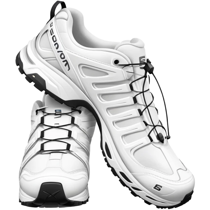 Pure white Salomon XT-6 shoes with zero colored elements, one arranged behind the other, minimal iOS emoji aesthetic, clean white sneakers emoji