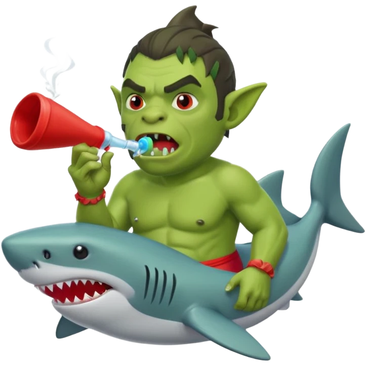 orc male in shark floatie, blowing whistle. Red swim trunks emoji