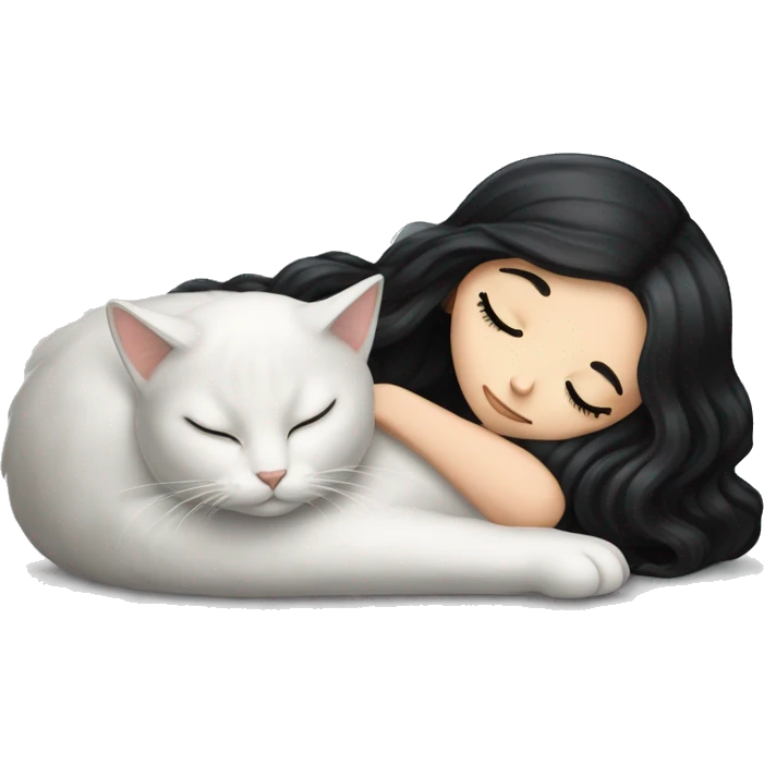 A pretty white girl with very long black hair and sleeping curled up to a white cat  emoji