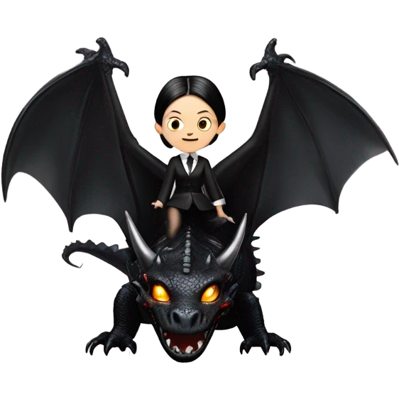empowered and glamorously dressed, Teen Wednesday Addams Malibu Beach Barbie Jedi flying/riding on the back of a very large black shiny evil-looking fire-spewing horned dragon. proper scale emoji