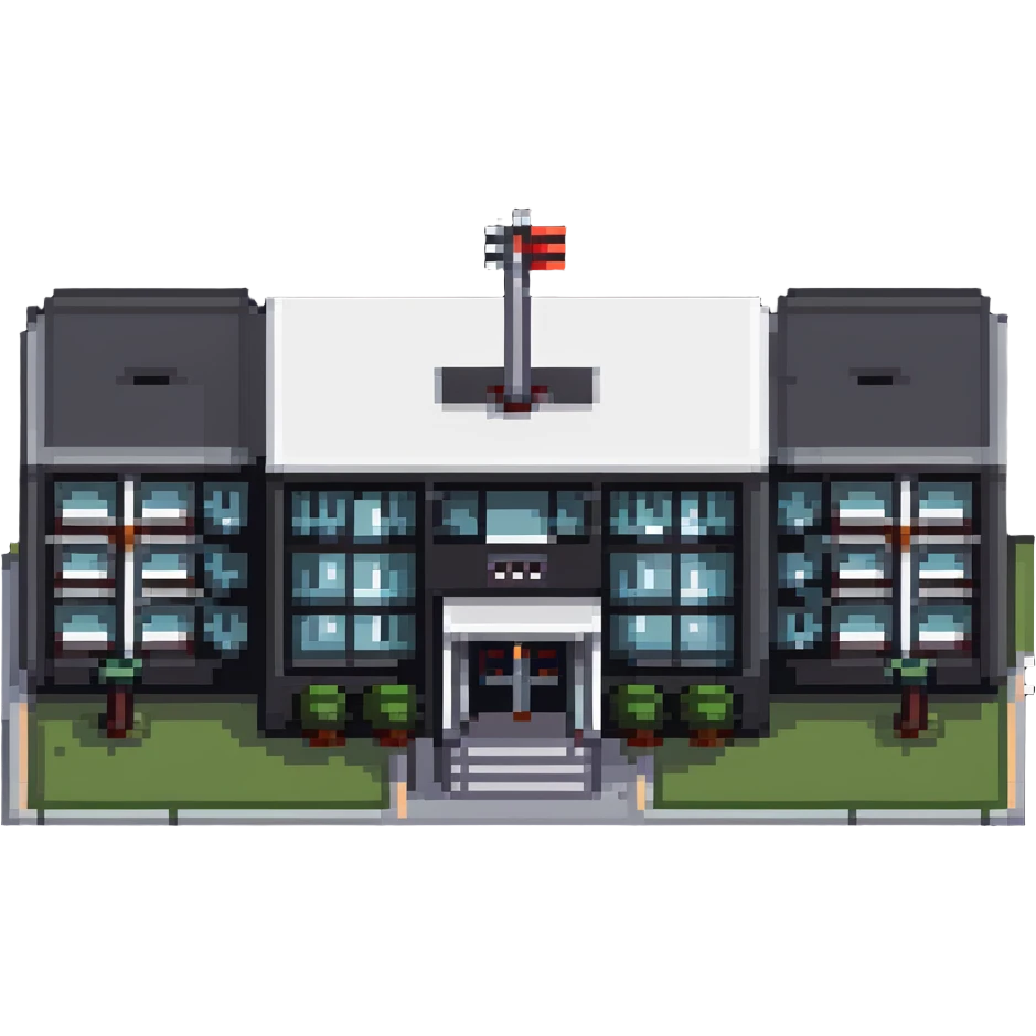 modern school campus building with multiple entrances, no flag pole emoji