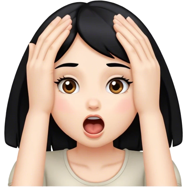 Girl with black hair hands on her cheeks mouth open emoji