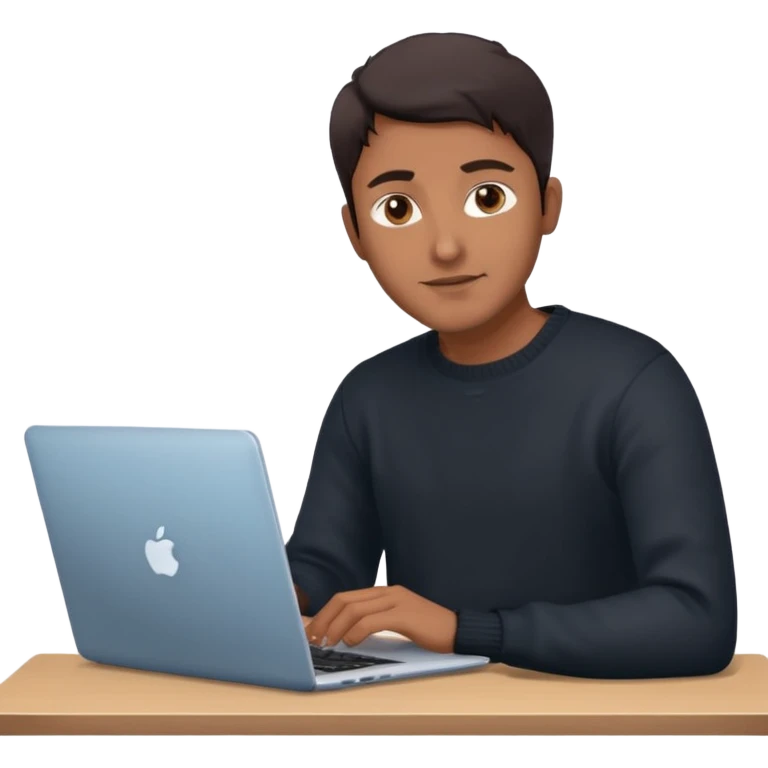 memoji of a man with a laptop, apple-style, modern, dark hair, black sweater, Indian brown skin, computer in hand, sitting at his desk, light blue gradient background emoji