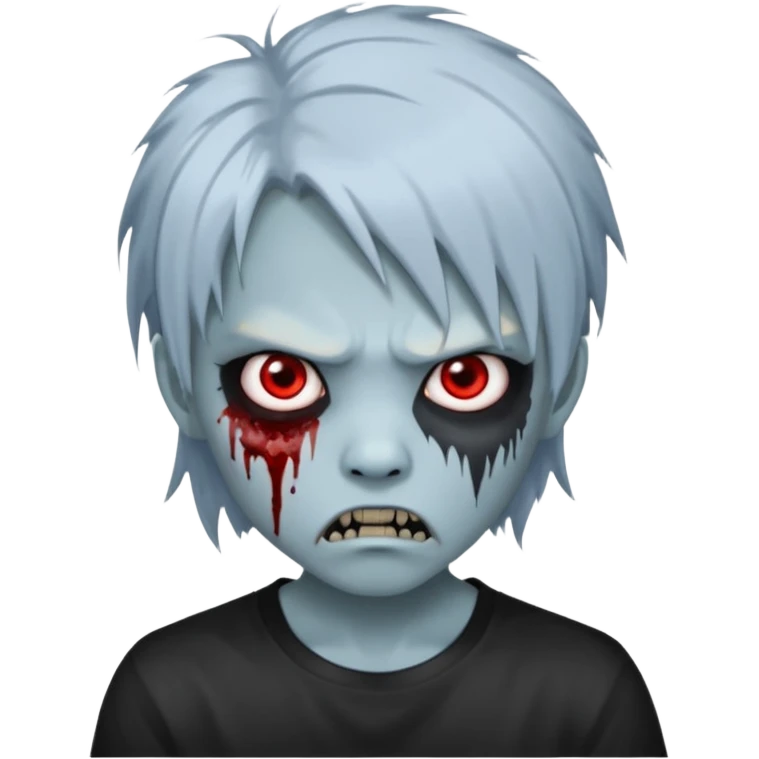  3D emoji-style avatar with very pale blue-grey zombie skin , a young Asian face, and large eyes with blood tears. Give it white litle bit messy mullet hair style , silver hoop earrings, and a plain black T-shirt. The face expression should be slightly angry, with vampire fang emoji