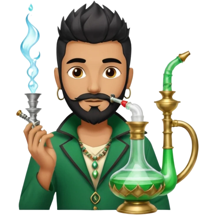Brass hookah with green design on a glass water base on the top; with two smoke pipes where people are holding them and smoking - one white guy with spikes (silver and black hair) and another Tamil handsome with little beard Indian guy emoji