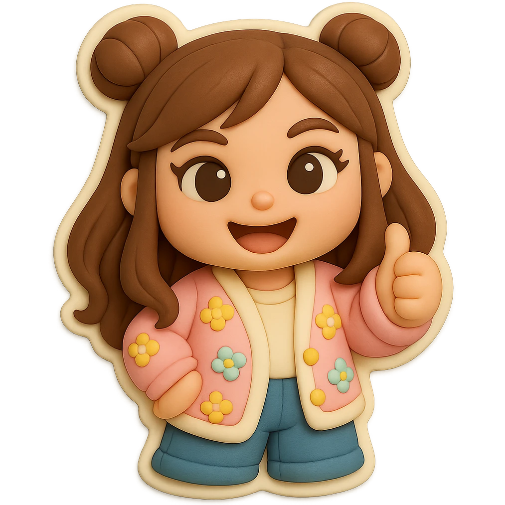 3D chibi fondant cake art style, high-quality rendering with smooth shadows and soft gradients. Girl based on reference image with preserved facial features and eye shape, long brown hair in two space buns, brown eyes, jeans, pastel floral cardigan, thick white outline like a sticker. Thumbs up, happy expression. Transparent background. Ensure the face, hairstyle, and eye shape match the reference exactly. emoji