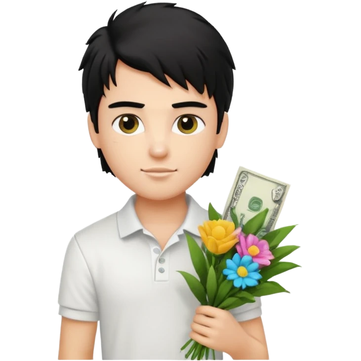 generate a pretty fair bratz boy with a messy mullet (black hair), wearing a white polo.  carrying a bouquet made of money. Fancy card behinf him emoji