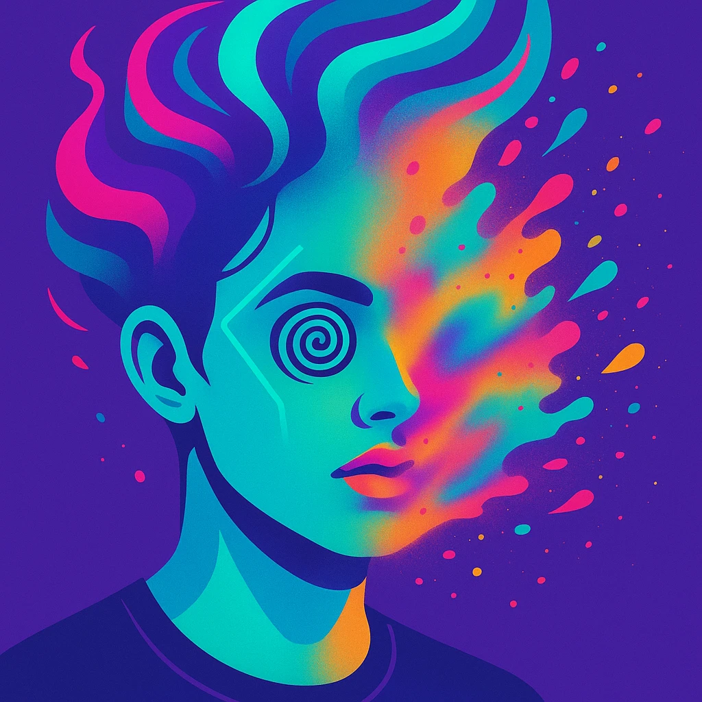 surreal portrait of a person with neon skin, face dissolving in an explosion of colors, airbrush effect, hair as swirling liquid color streams like northern lights, hypnotic spiral eyes, geometric elements along face contour, paint particles flying away, acid purple, turquoise, and electric pink blending, sense of movement emoji