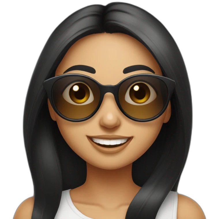 Cute oval shaped face front looking white smiling long black straight hair indian girl wearing round sunglasses emoji