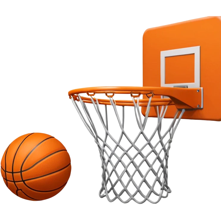 A close-up shot of a basketball entering the hoop, with the ball swishing through and inside  the basket. The background features a blurred basketball court, emphasizing the perfect shot and the excitement of the game. emoji