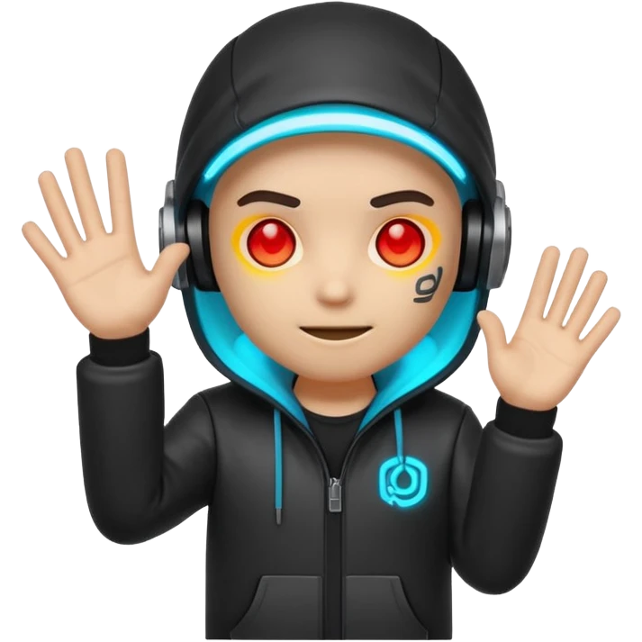 Chibi cyberpunk hacker emoji with glowing eyes, shaking head “no” and waving stop hand, friendly anti-scam message, text “NO SCAMS”, smooth looping animated sticker, bright neon colors, transparent background, Discord emoji style. emoji