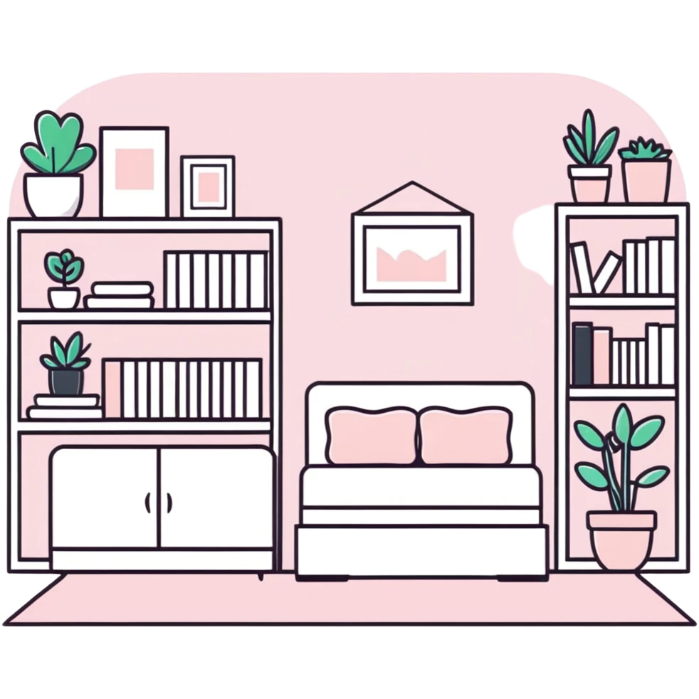 clean girl aesthetic bedroom with white furniture, pastel pink accents, neatly arranged books, potted plants emoji