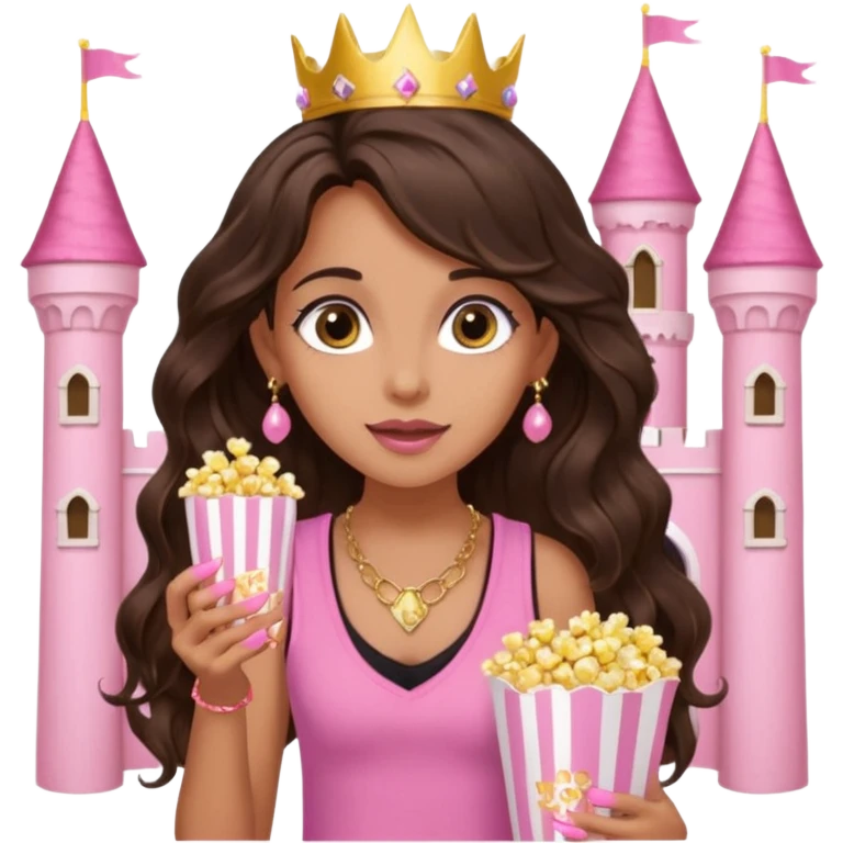a woman with long dark brown  beachy wavy hair with light brown big eyes wearing pink vest top gold necklace baby pink nails and gold stud earrings with a pink castle fantasy in the background while eating popcorn  emoji