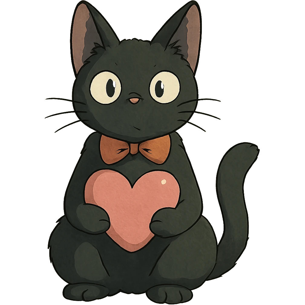 sweet black kitty with a pink heart emoji