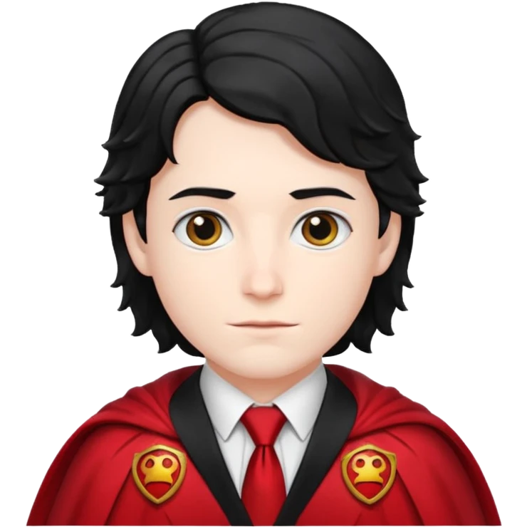 Wavy black hair, red tie, red-and-black cape. Classic vampire look with a formal twist. emoji