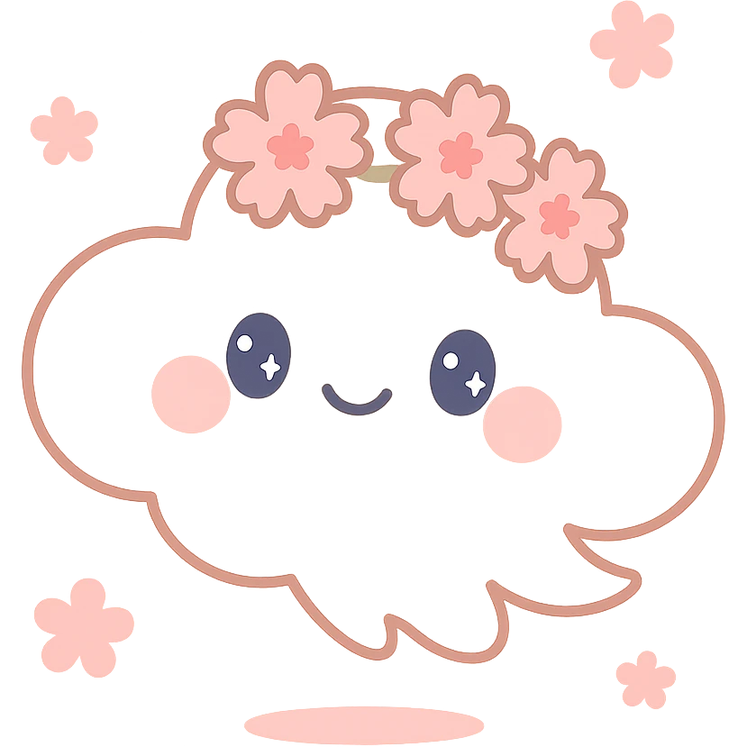 vanilla cloud doe with rosy cheeks, cherry blossom crown, floating witch-like grace, brand identity mascot for social media emoji