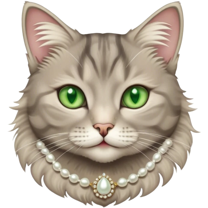 fluffy grey tabby cat with green eyes, white tummy, and a pearl necklace  emoji
