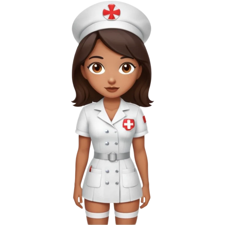 A sexy girl. with caramel skin. Dark brown hair and brown eyes. She has freckles. Wearing sexy makeup. Dressed as a sexy nurse. Full body emoji
