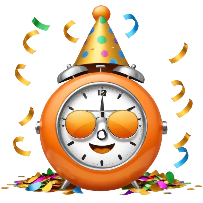 alarm clock, sunset MORE SUNSET PARTY. Don't put a person there. Default emoji face. Add sunglassess and party thingy and confetti emoji