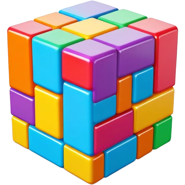 A 3D Tetris-style cube block with a smooth, glossy surface. Bright and vibrant colors, slightly reflective, with soft shadows. The cube should have a modern and playful look, resembling classic Tetris game aesthetics emoji